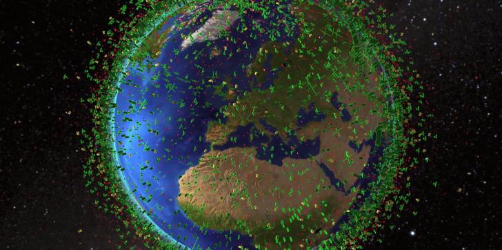 Illustration de la terre entourée de débris spatiaux